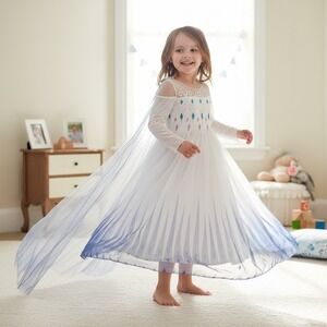Disney Elsa Frozen Costume Dress White Blue Ombre Cape Girls Princess Gown